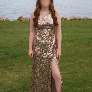 Beautiful Gold One Shoulder Dress, size 8